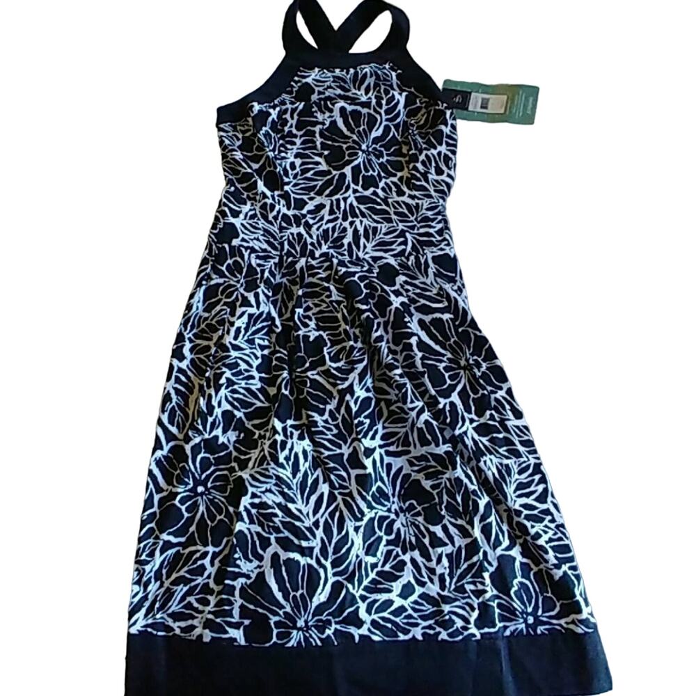 American Living Dress Floral Black White Cross Back Sleeveless  Pockets Sz 4